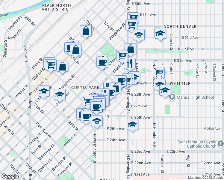 map of restaurants, bars, coffee shops, grocery stores, and more near 2914 California Street in Denver