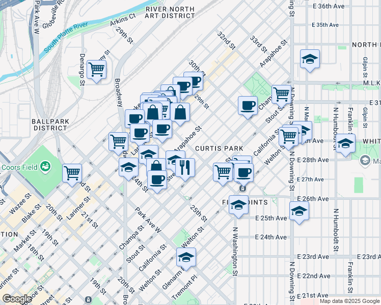 map of restaurants, bars, coffee shops, grocery stores, and more near 2663 Curtis Street in Denver