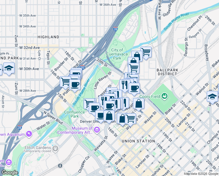 map of restaurants, bars, coffee shops, grocery stores, and more near in Denver
