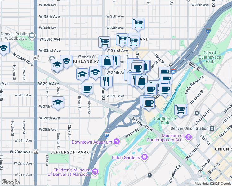 map of restaurants, bars, coffee shops, grocery stores, and more near 2205 West 28th Avenue in Denver