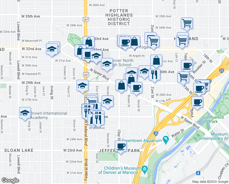 map of restaurants, bars, coffee shops, grocery stores, and more near 2719 West 28th Avenue in Denver