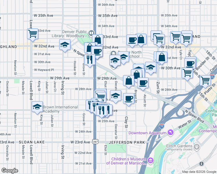 map of restaurants, bars, coffee shops, grocery stores, and more near 2811 West 28th Avenue in Denver