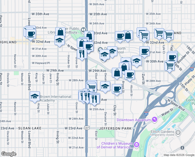 map of restaurants, bars, coffee shops, grocery stores, and more near 2913 West 28th Avenue in Denver