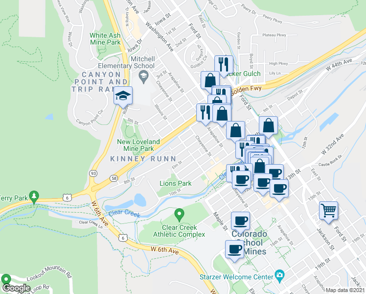 map of restaurants, bars, coffee shops, grocery stores, and more near 717 1/2 Illinois Street in Golden