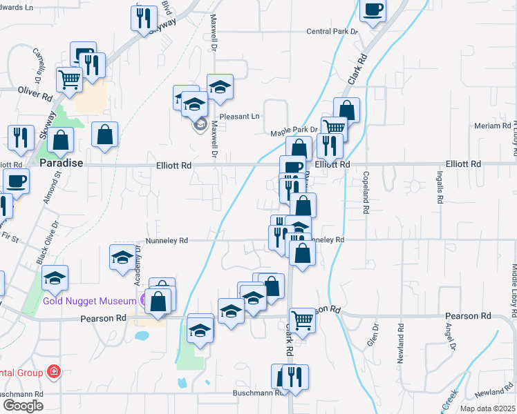 map of restaurants, bars, coffee shops, grocery stores, and more near 1090 Shadowbrook Way in Paradise