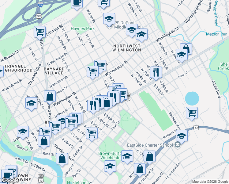 map of restaurants, bars, coffee shops, grocery stores, and more near 105 West 30th Street in Wilmington