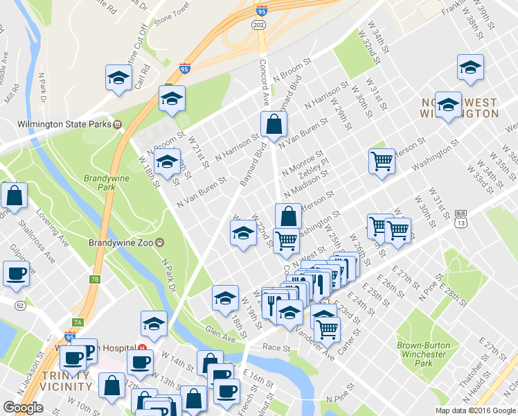 map of restaurants, bars, coffee shops, grocery stores, and more near 502 McCabe Avenue in Wilmington