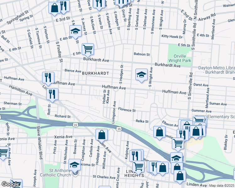 map of restaurants, bars, coffee shops, grocery stores, and more near 6 Livingston Avenue in Dayton