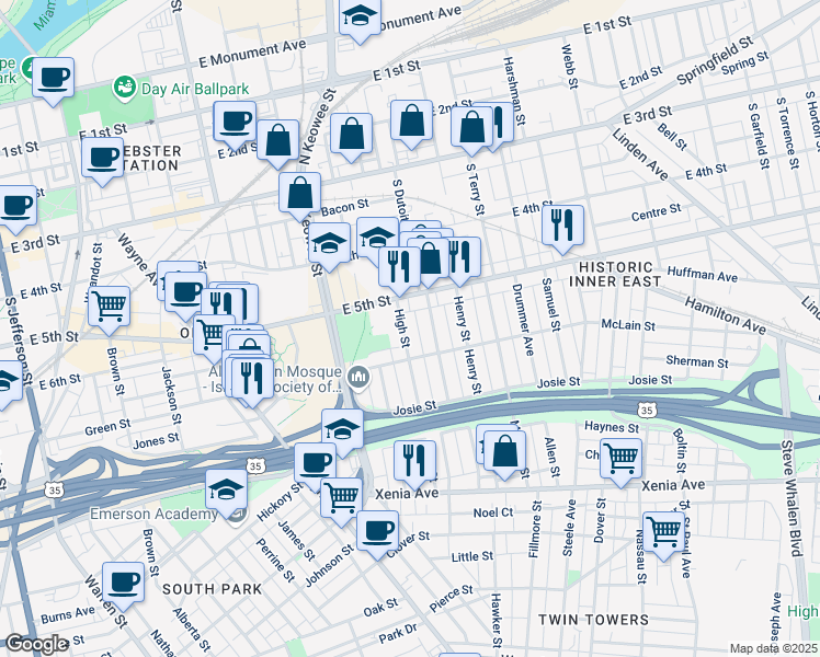 map of restaurants, bars, coffee shops, grocery stores, and more near 42 High Street in Dayton