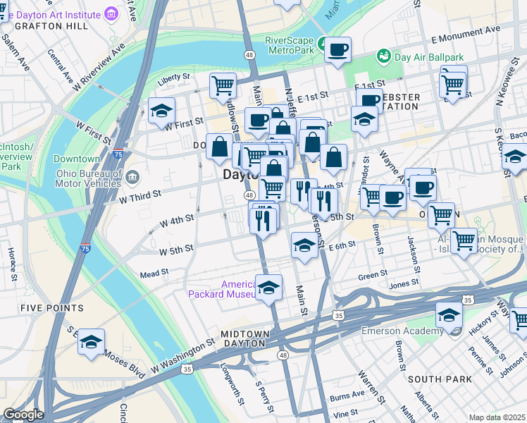 map of restaurants, bars, coffee shops, grocery stores, and more near 14 West 4th Street in Dayton