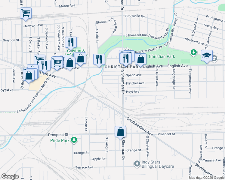 map of restaurants, bars, coffee shops, grocery stores, and more near 3714 Hoyt Avenue in Indianapolis
