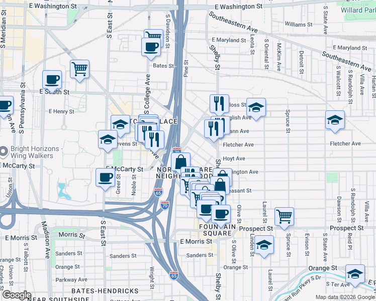 map of restaurants, bars, coffee shops, grocery stores, and more near 930 Lexington Avenue in Indianapolis