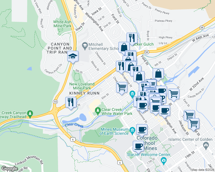 map of restaurants, bars, coffee shops, grocery stores, and more near 720 Illinois Street in Golden