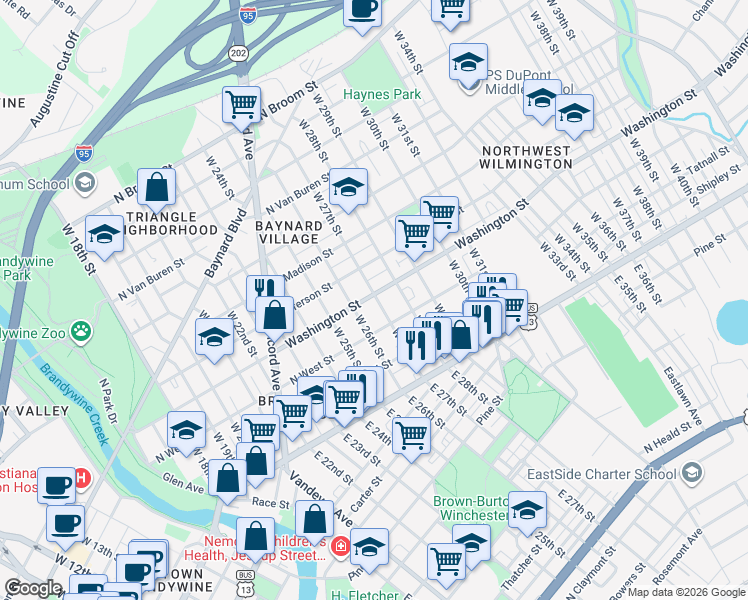 map of restaurants, bars, coffee shops, grocery stores, and more near 2618 Washington Street in Wilmington
