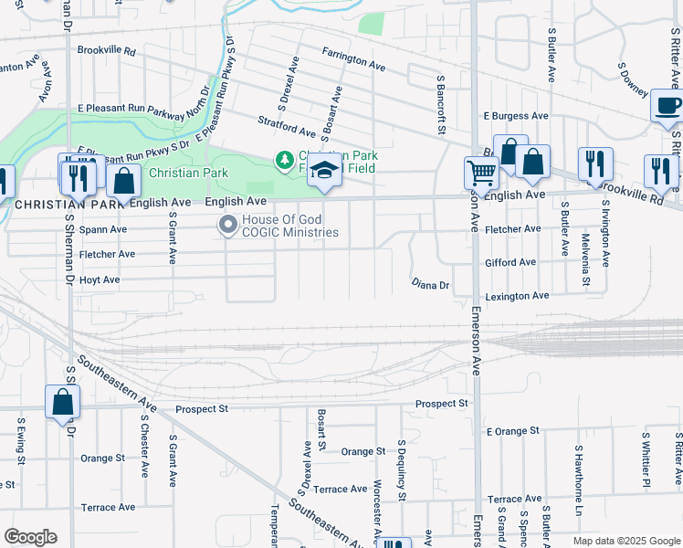 map of restaurants, bars, coffee shops, grocery stores, and more near 736 South Bosart Avenue in Indianapolis