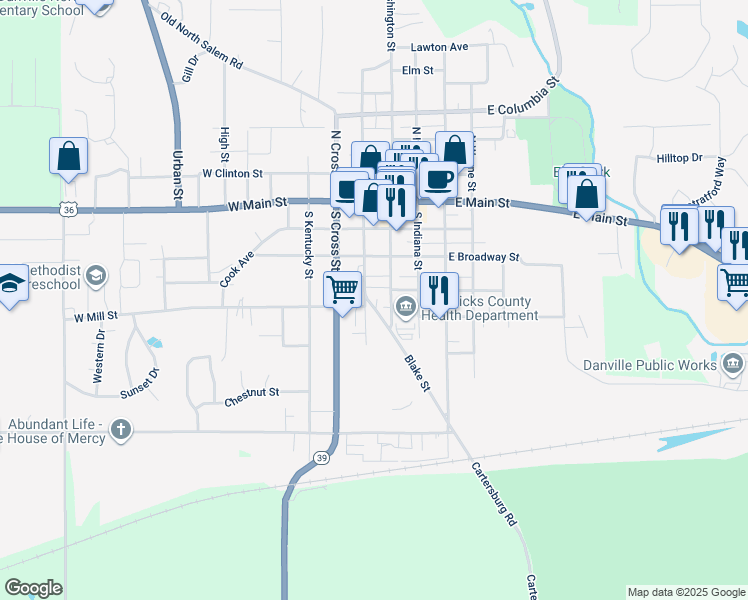 map of restaurants, bars, coffee shops, grocery stores, and more near 1 Blake Street in Danville