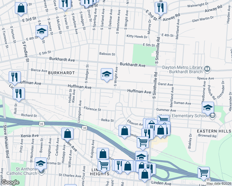 map of restaurants, bars, coffee shops, grocery stores, and more near 1368 Huffman Avenue in Dayton