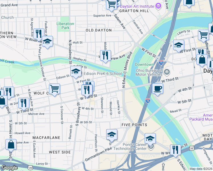 map of restaurants, bars, coffee shops, grocery stores, and more near in Dayton