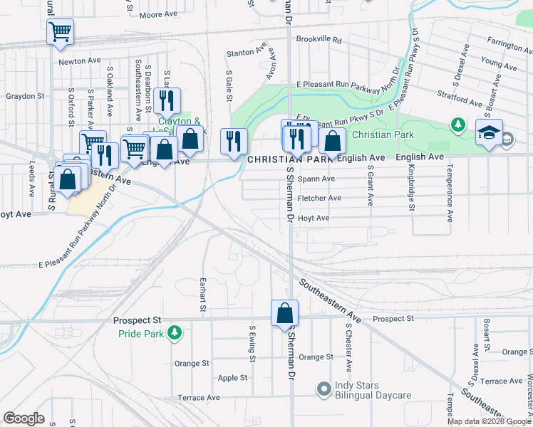 map of restaurants, bars, coffee shops, grocery stores, and more near 3714 Hoyt Avenue in Indianapolis