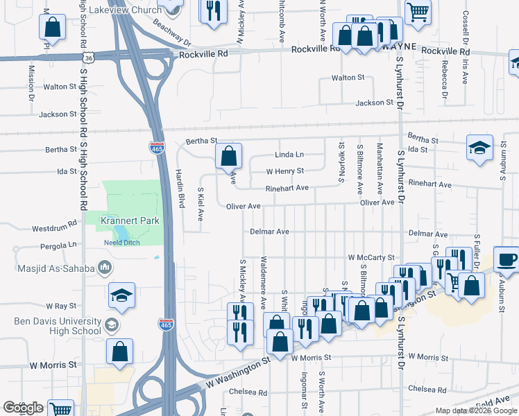 map of restaurants, bars, coffee shops, grocery stores, and more near 602 Waldemere Avenue in Indianapolis