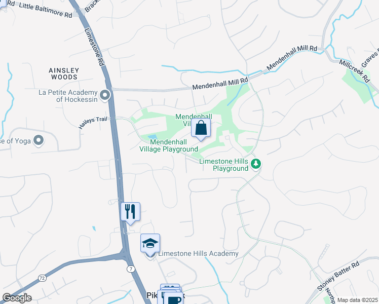 map of restaurants, bars, coffee shops, grocery stores, and more near 2 Ridgewood Drive in Hockessin