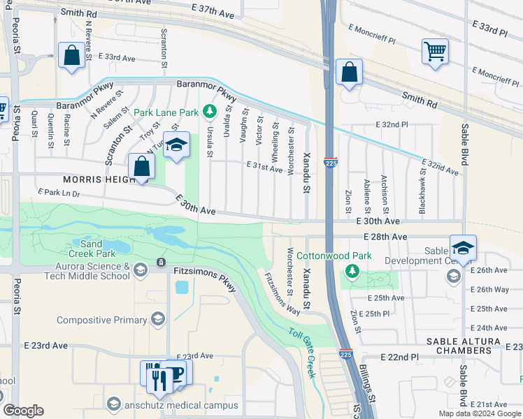map of restaurants, bars, coffee shops, grocery stores, and more near 3014 Victor Street in Aurora