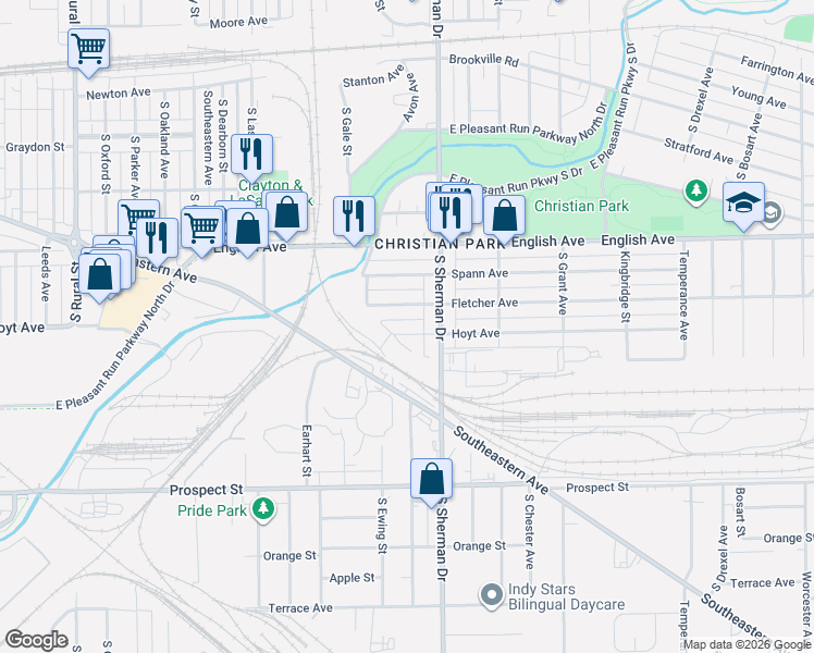 map of restaurants, bars, coffee shops, grocery stores, and more near 3714 Hoyt Avenue in Indianapolis