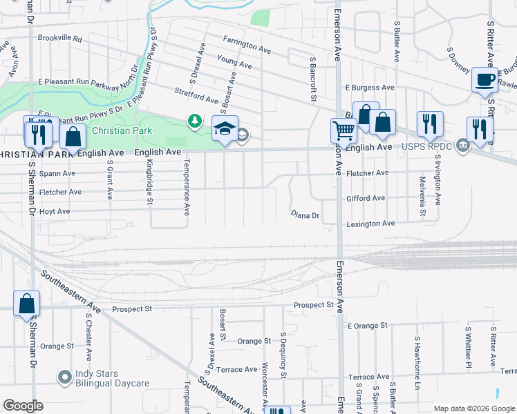 map of restaurants, bars, coffee shops, grocery stores, and more near 728 Worcester Avenue in Indianapolis