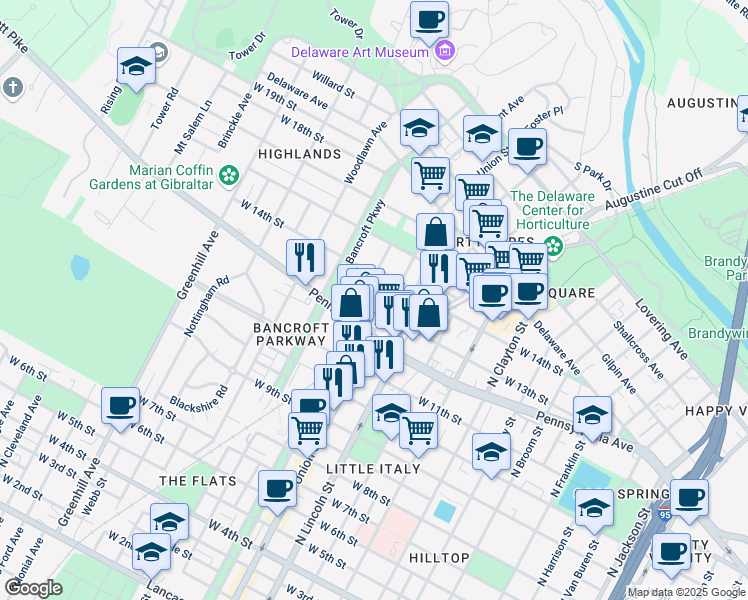 map of restaurants, bars, coffee shops, grocery stores, and more near 1313 North Union Street in Wilmington