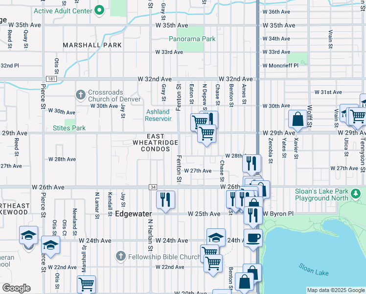 map of restaurants, bars, coffee shops, grocery stores, and more near 2830 Fenton Street in Wheat Ridge