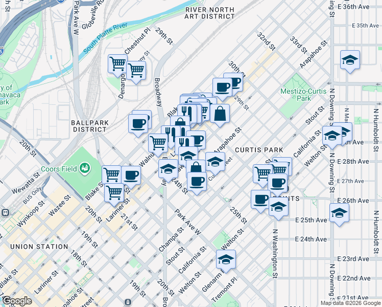 map of restaurants, bars, coffee shops, grocery stores, and more near 2533 Lawrence Street in Denver