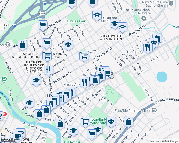 map of restaurants, bars, coffee shops, grocery stores, and more near 139 West 29th Street in Wilmington
