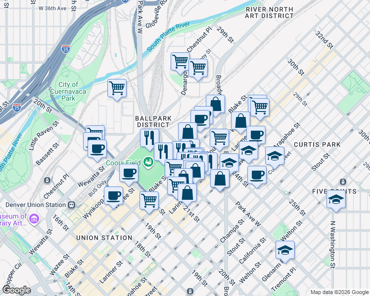 map of restaurants, bars, coffee shops, grocery stores, and more near 1551 Park Avenue West in Denver