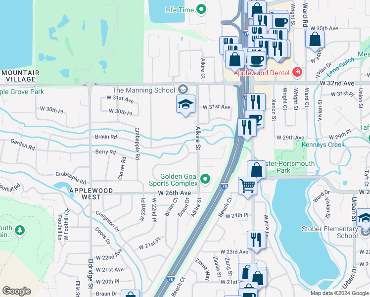 map of restaurants, bars, coffee shops, grocery stores, and more near 13420 Braun Road in Golden