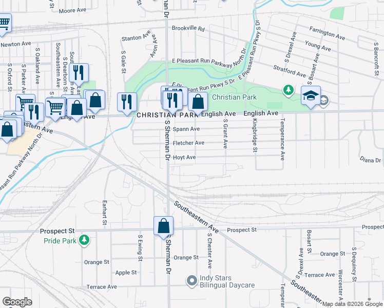 map of restaurants, bars, coffee shops, grocery stores, and more near 3852 Hoyt Avenue in Indianapolis