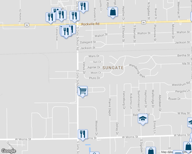 map of restaurants, bars, coffee shops, grocery stores, and more near 7118 Pluto Dr in Indianapolis