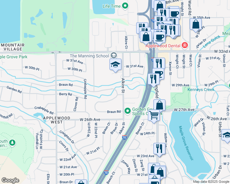 map of restaurants, bars, coffee shops, grocery stores, and more near 13420 Braun Road in Golden