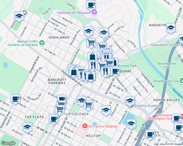 map of restaurants, bars, coffee shops, grocery stores, and more near 1402 North Lincoln Street in Wilmington