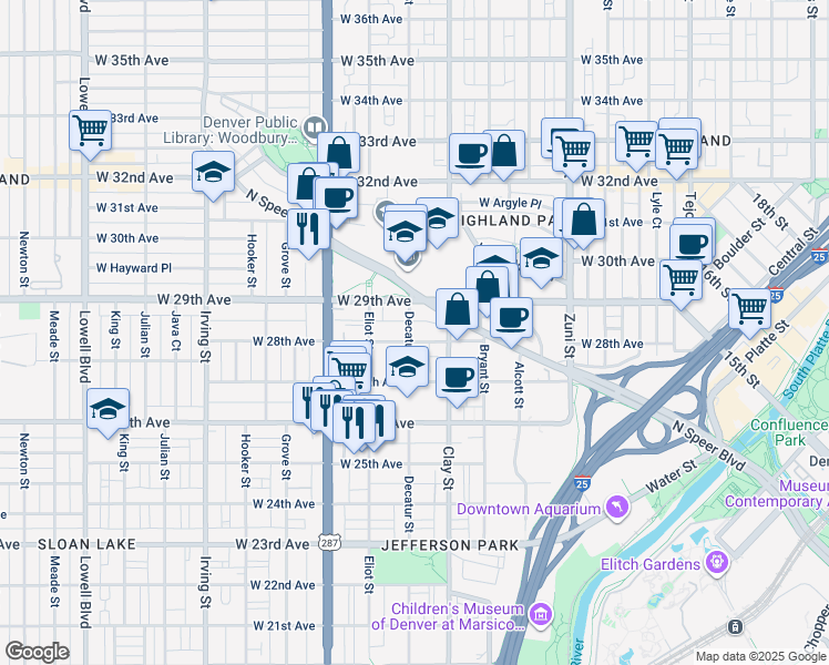 map of restaurants, bars, coffee shops, grocery stores, and more near 2751 West 28th Avenue in Denver