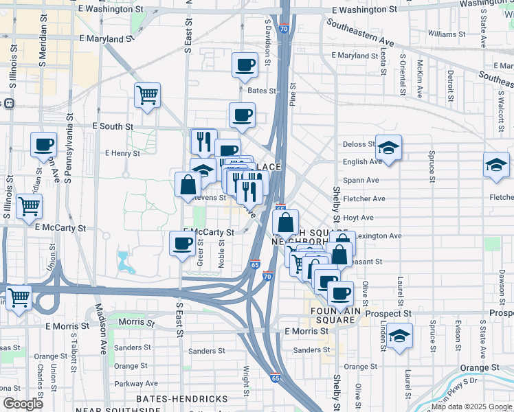 map of restaurants, bars, coffee shops, grocery stores, and more near 702 Virginia Avenue in Indianapolis