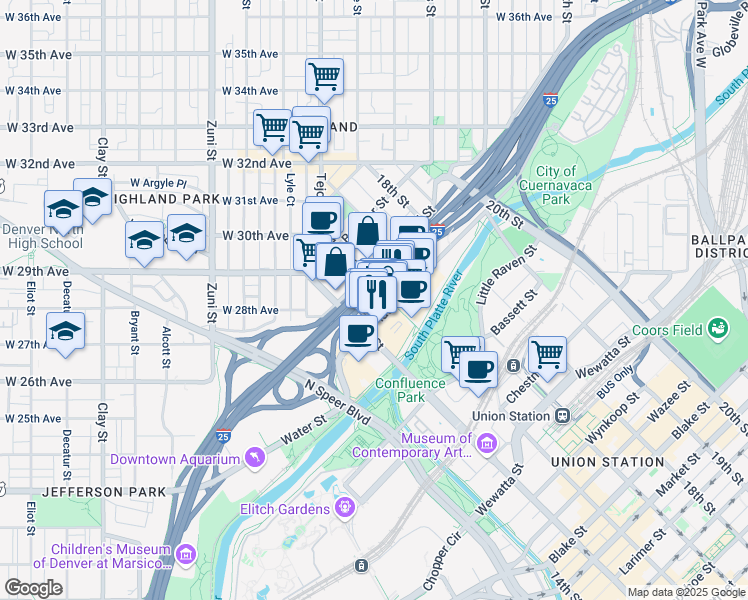 map of restaurants, bars, coffee shops, grocery stores, and more near 2400 16th Street in Denver