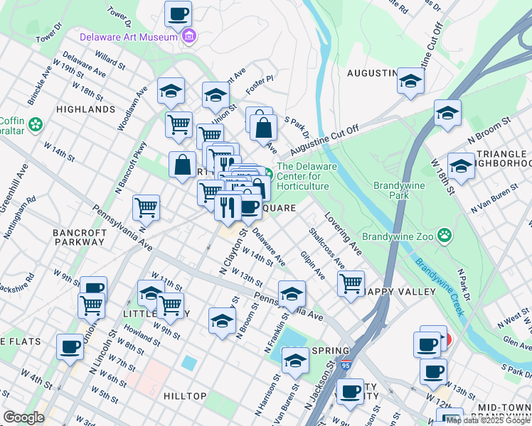 map of restaurants, bars, coffee shops, grocery stores, and more near 1516 North Clayton Street in Wilmington