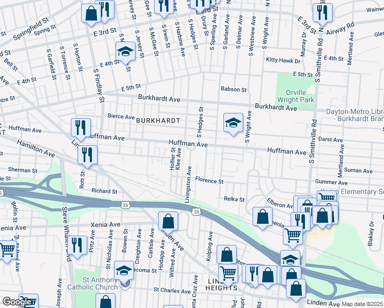 map of restaurants, bars, coffee shops, grocery stores, and more near 6 Livingston Avenue in Dayton