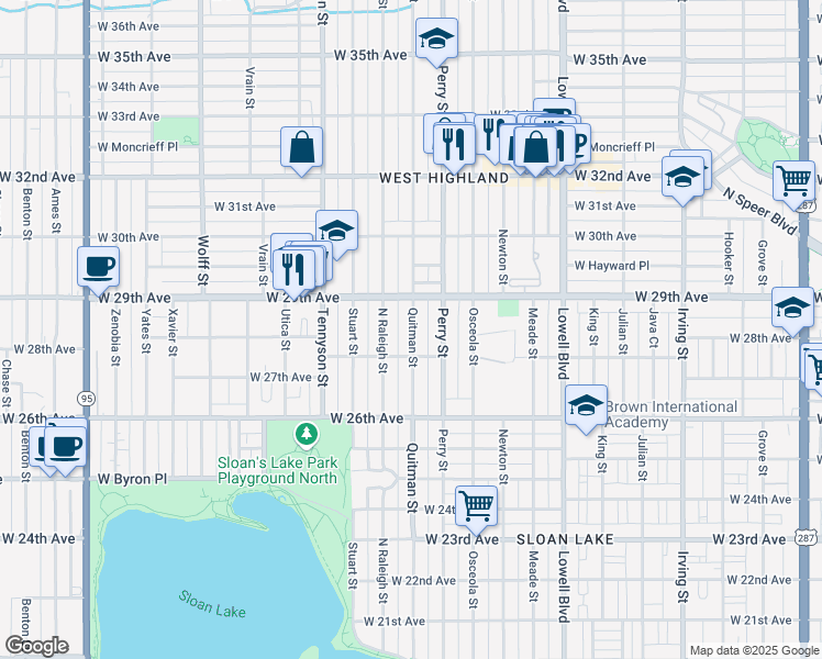 map of restaurants, bars, coffee shops, grocery stores, and more near 2811 Quitman Street in Denver