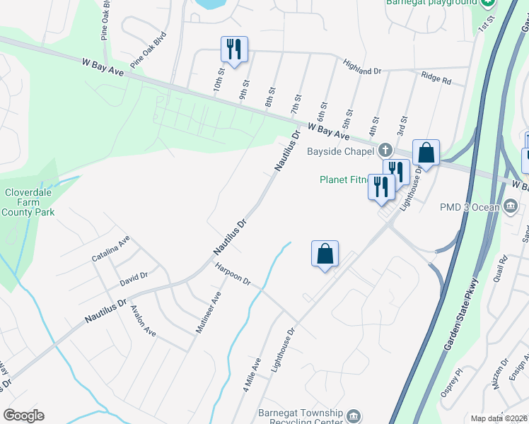 map of restaurants, bars, coffee shops, grocery stores, and more near 41 Nautilus Dr in Barnegat Township