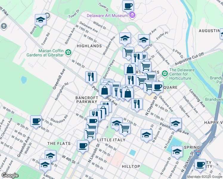map of restaurants, bars, coffee shops, grocery stores, and more near 1313 North Union Street in Wilmington