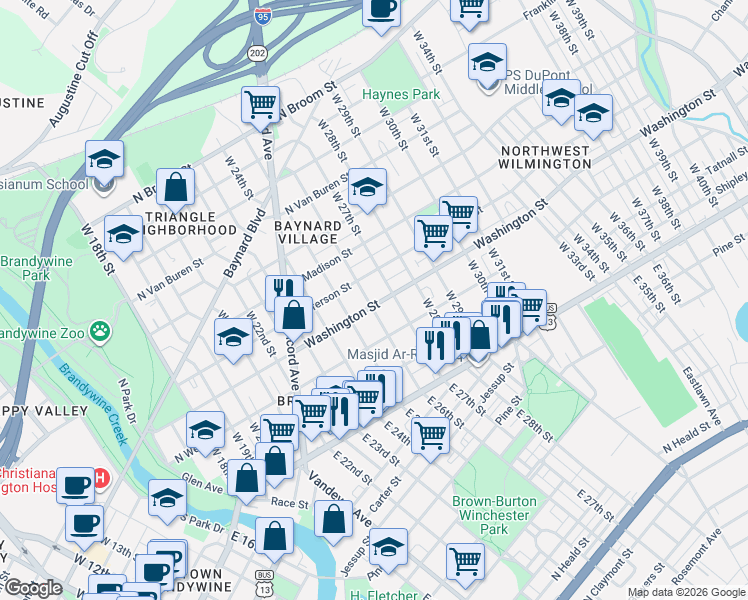 map of restaurants, bars, coffee shops, grocery stores, and more near 2605 North Washington Street in Wilmington