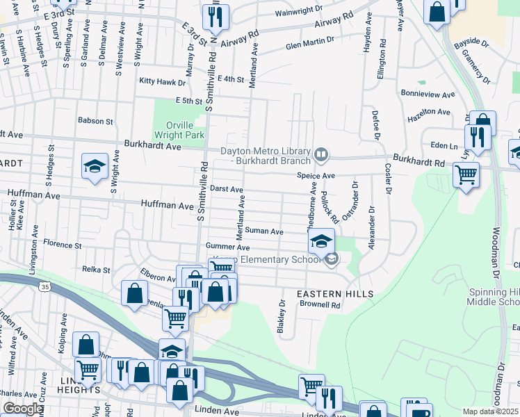map of restaurants, bars, coffee shops, grocery stores, and more near 1735 Huffman Avenue in Dayton