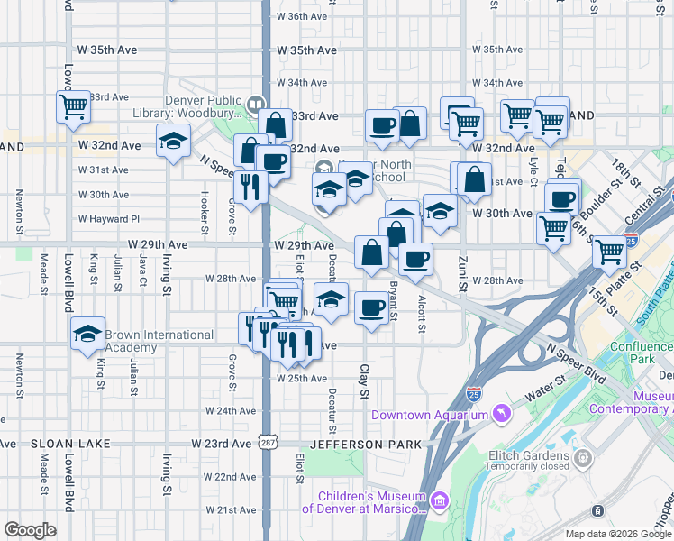 map of restaurants, bars, coffee shops, grocery stores, and more near 2811 West 28th Avenue in Denver