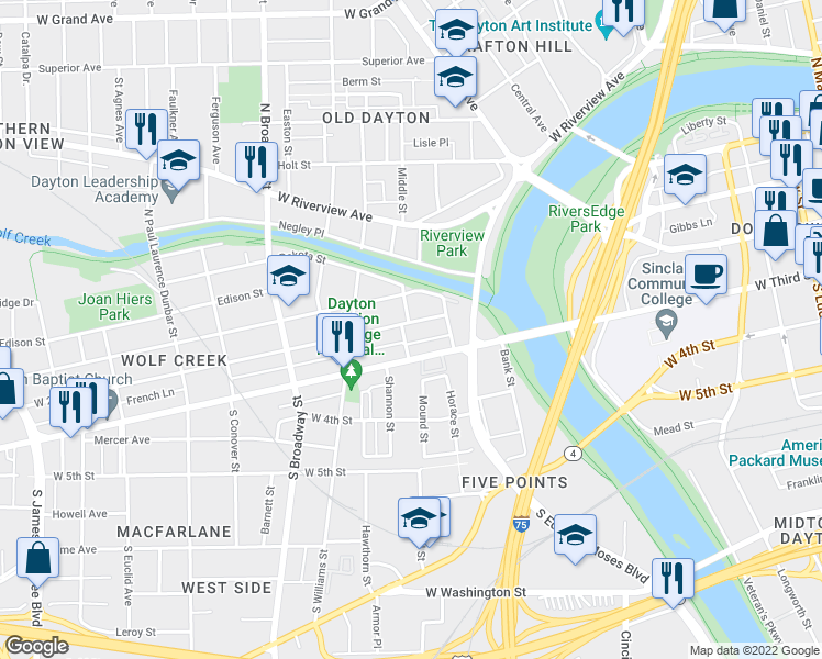 map of restaurants, bars, coffee shops, grocery stores, and more near 1046 West 2nd Street in Dayton